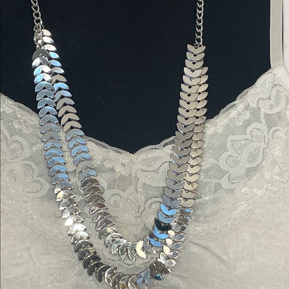 Elegant Silver Necklace with two strands of decorative half circles stacked